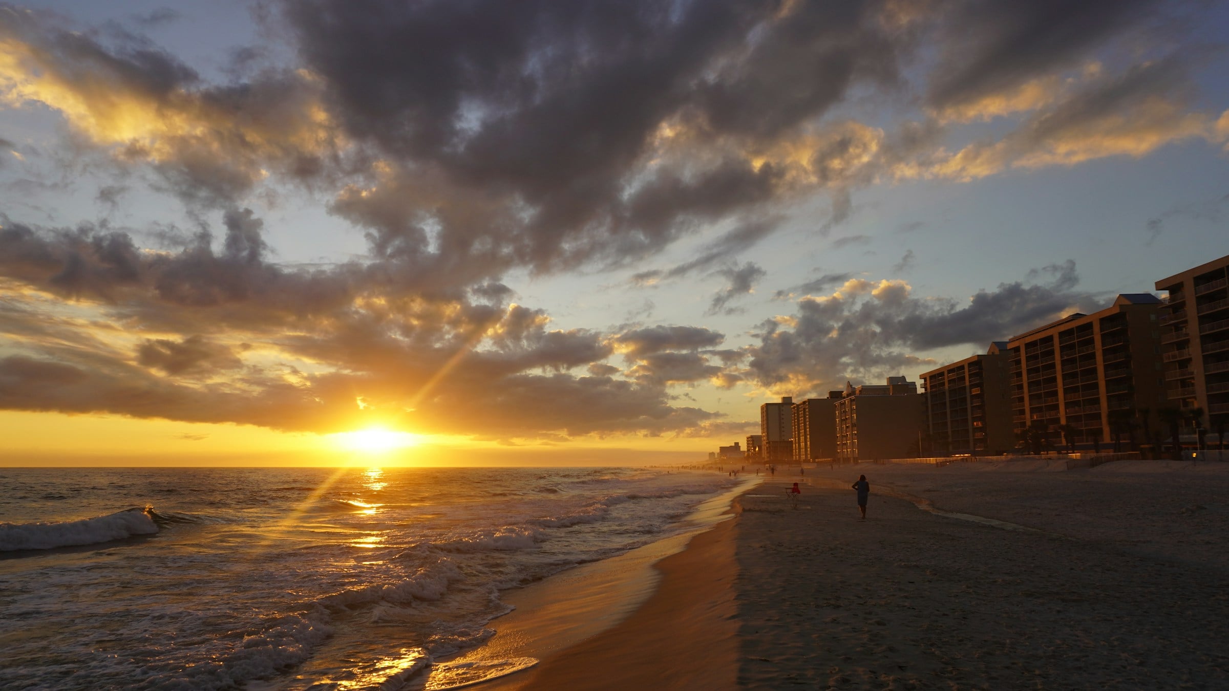Sunset on the beach near a hotel in Gulf Shores, Alabama